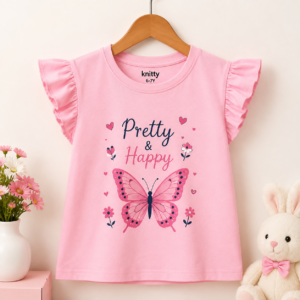 Girls Butterfly Print Cotton T-Shirt – Pretty & Happy (Pink)