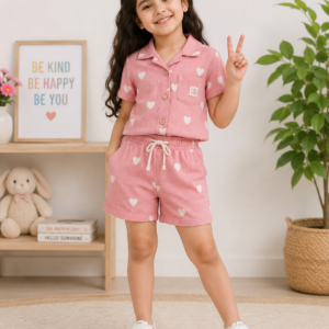 Knitty Girls Heart Print Cotton Co-ord Set – Sweet Pink